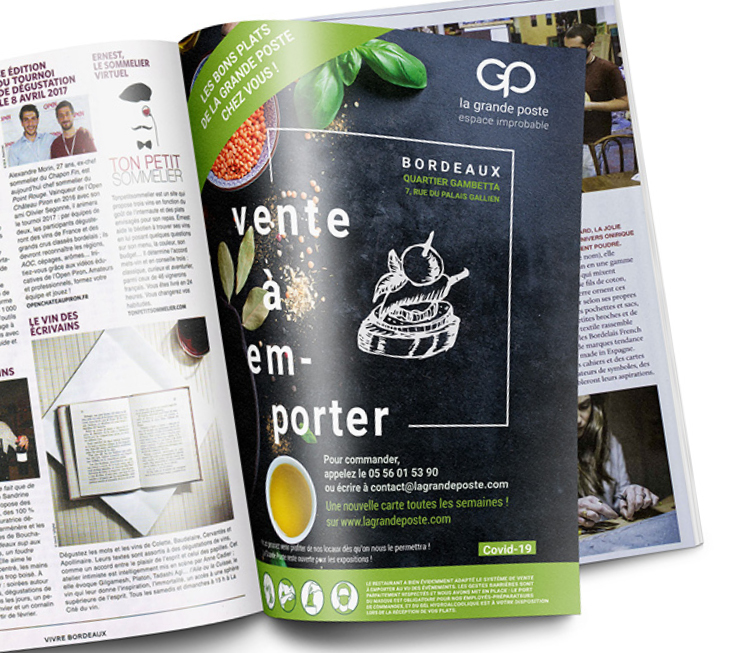Création d'une publicité pleine page dans un magazine pour La grande poste, par l'agence de communication et voilà prod à Latresne