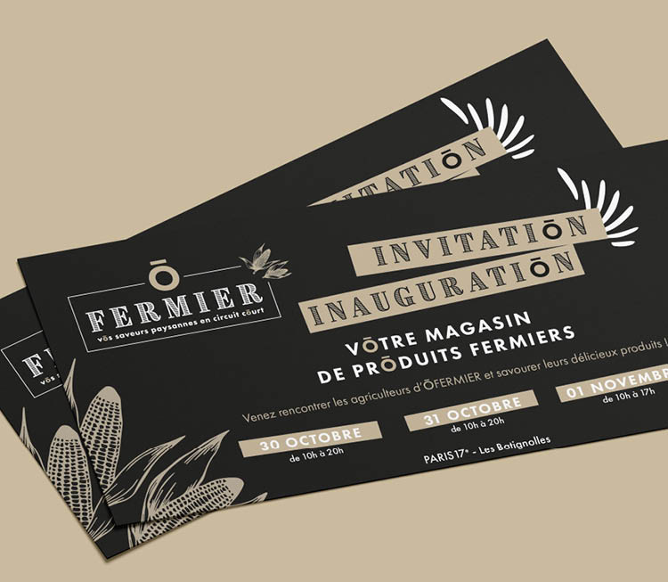 Réalisation carton d'invitation pour annoncer l'ouverture de l'enseigne O FERMIER à Paris, par l'agence de com et voilà prod
